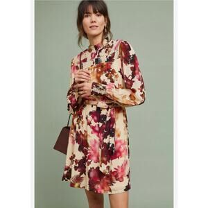 Vineet Bahl Anthropologie Tan Burgundy Red Water Color Floral Blouson Dress